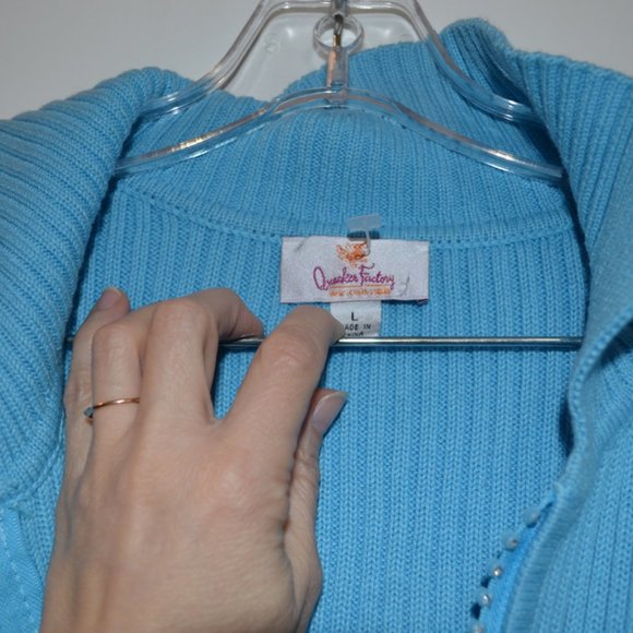 Quacker Factory Knit Blue Jacket Short Sleeves Zip-Up with Strases Women L - Picture 3 of 7